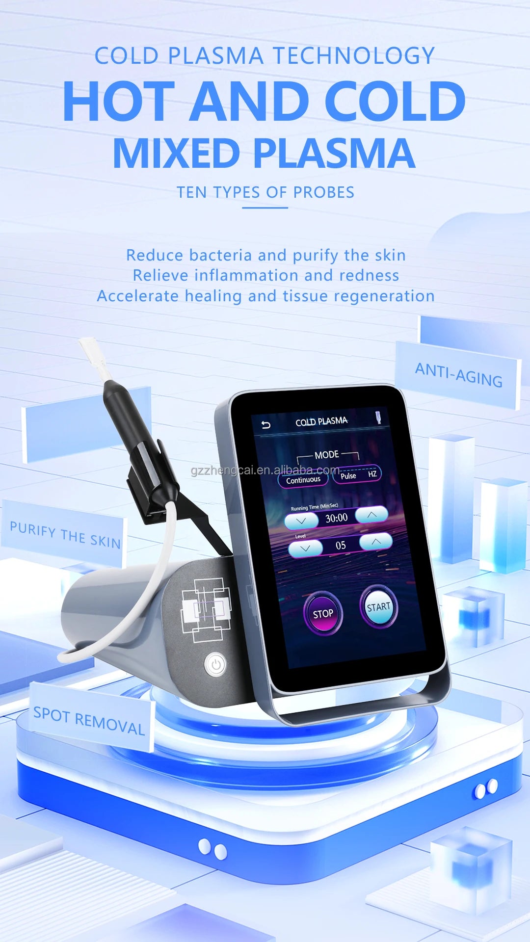 Cold plasma device with touchscreen for acne, anti-aging, and skin repair featuring a portable handheld treatment pen.