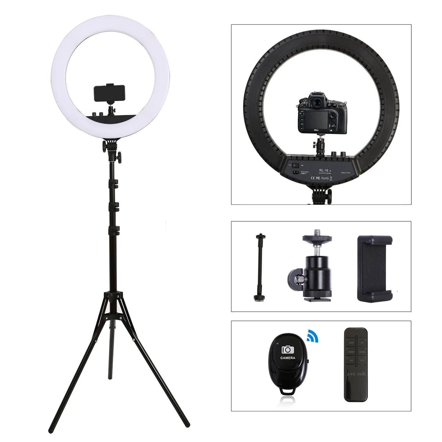 18-inch LED ring light on a tripod stand, with a camera mount, phone holder, and remote controls for photography.