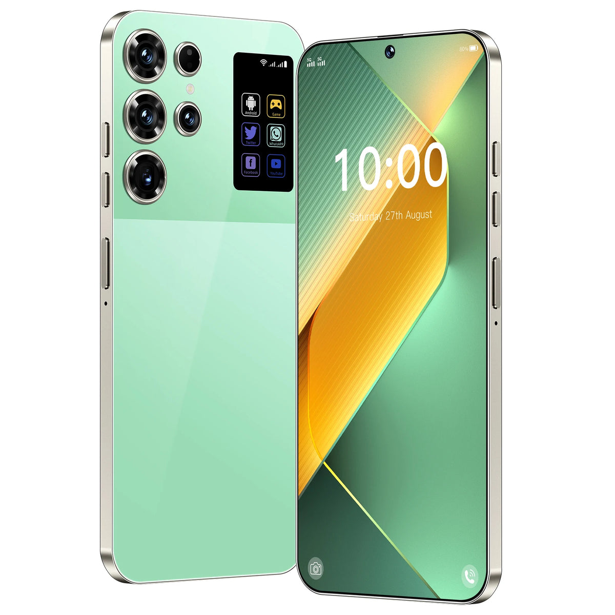 Green Android smartphone with quad rear cameras and front display with colorful wallpaper.