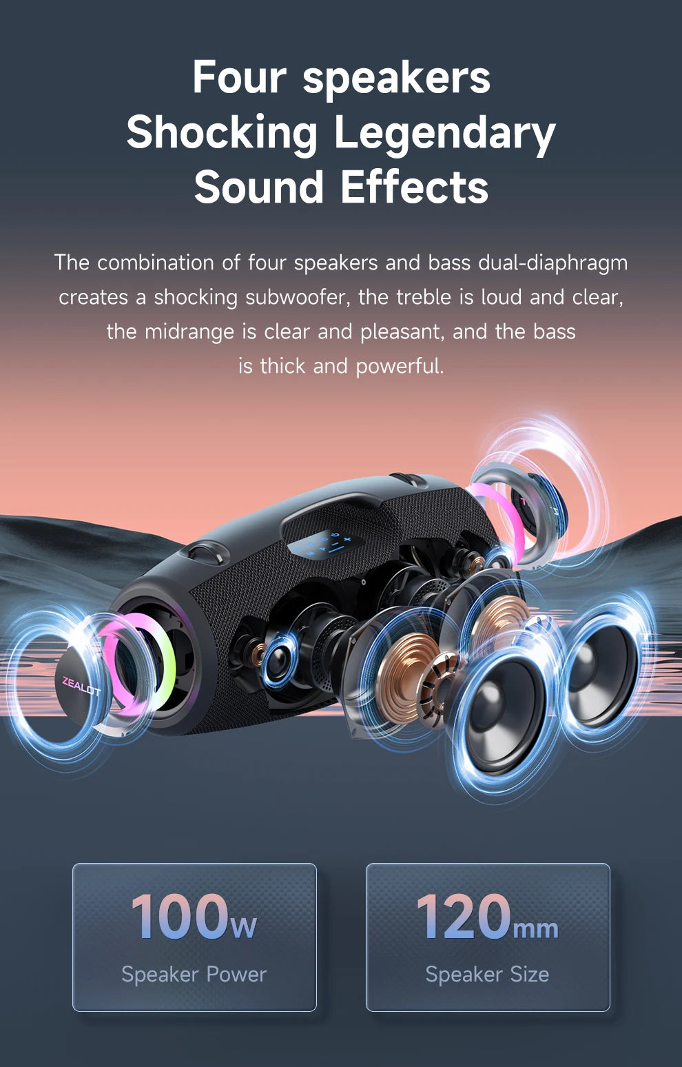 Zealot S78 Outdoors Party Speaker Professional Bluetooths 100W Bass Powered Portable Subwoofer Wireless LED Light Hifi Speaker My Store