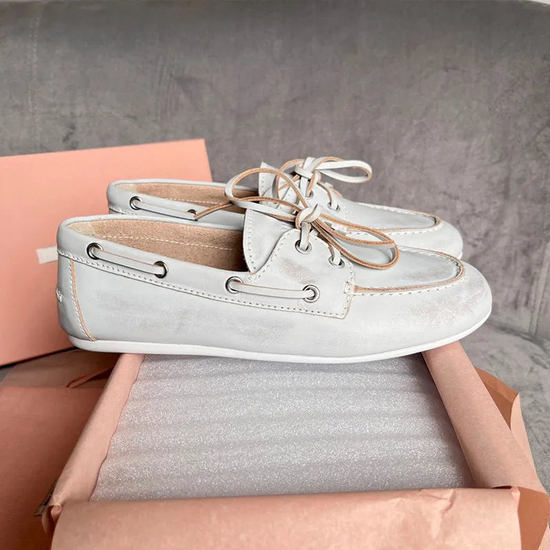 Hot Selling Spring Women's Retro Brown Bow Genuine Leather Driving Shoes Flat Soled Sheepskin Outsole Calf Leather Loafers