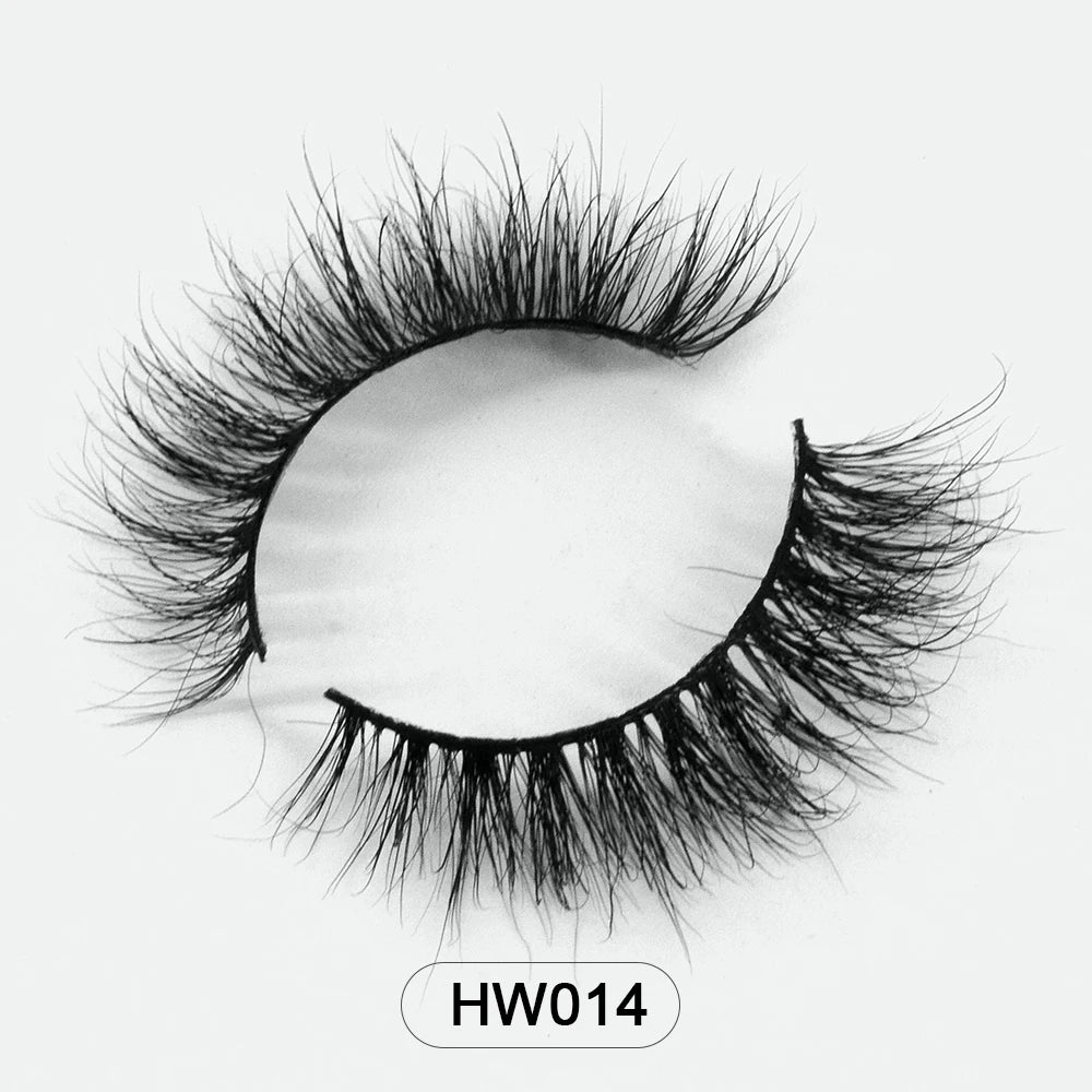 Black 3D mink false eyelashes with a wispy, flared style and a thin, flexible band, labeled HW014.