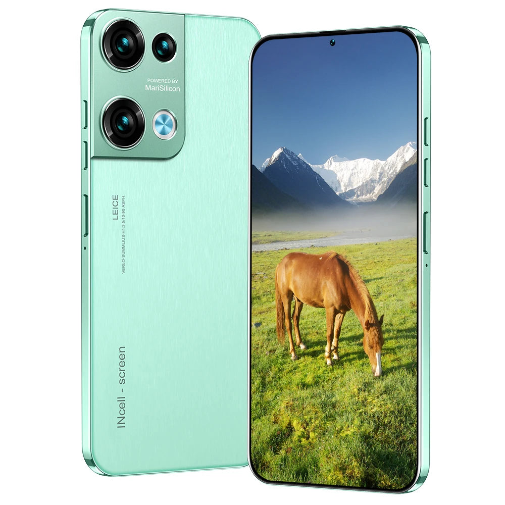 Mint green smartphone with quad rear cameras and front display showing horse in field.