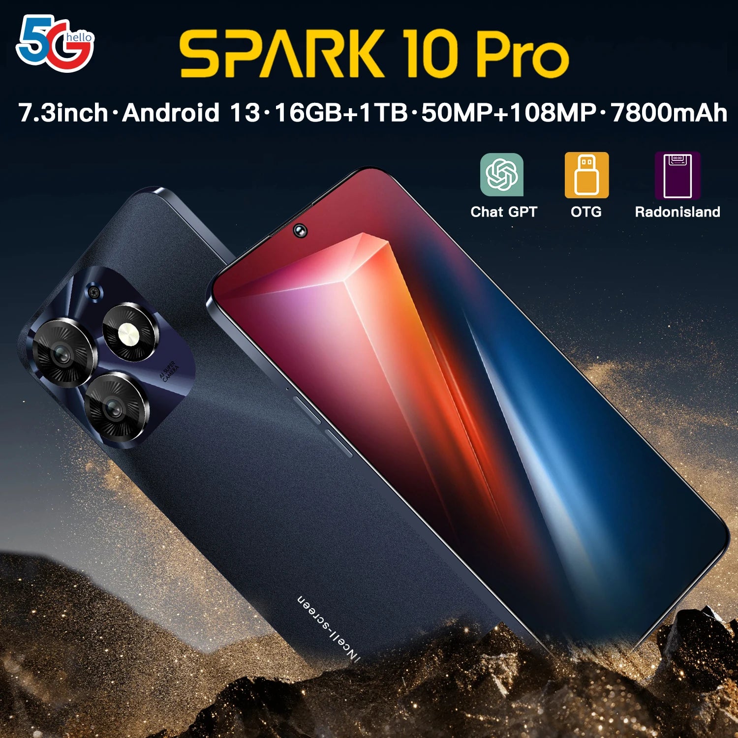 Tidesmit 7.3-inch 5G Android smartphone with dual SIM support for global connectivity and direct factory pricing.
