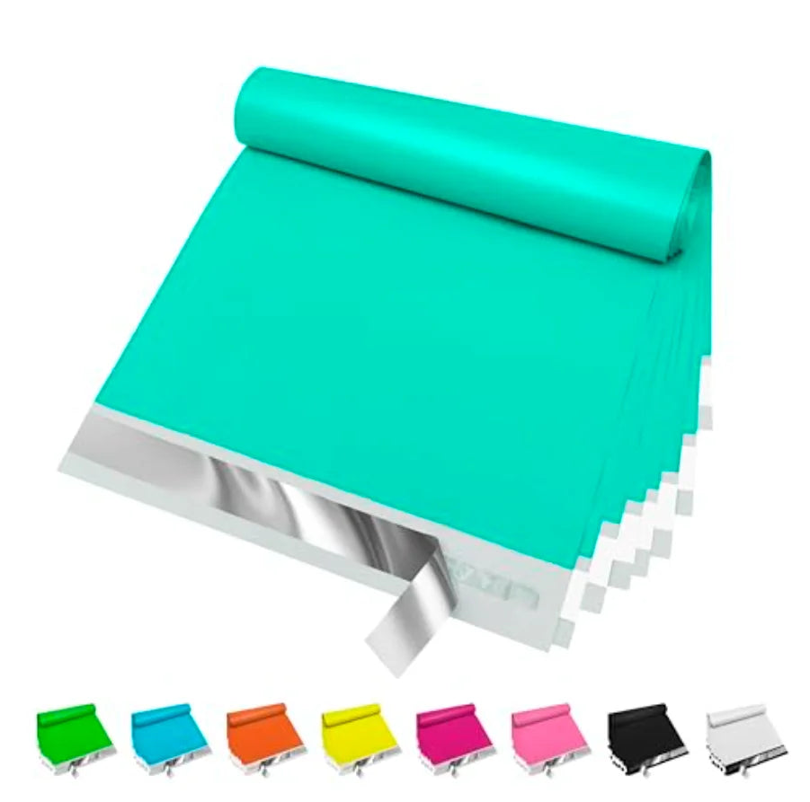 Teal waterproof poly mailer with self-sealing flap, 10x13 shipping bag