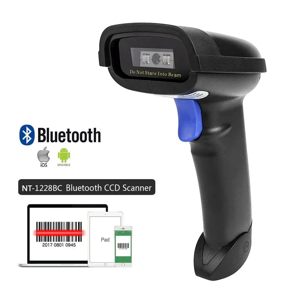 Black handheld Bluetooth barcode scanner with blue trigger and scan window