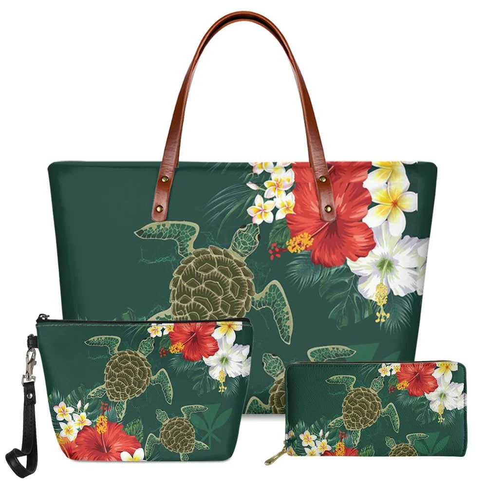 3-piece green faux leather handbag set with Polynesian sea turtle and hibiscus floral print and brown leather handles.