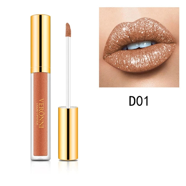Veronni D01 diamond shimmer liquid lipstick with applicator, showing sparkly bronze glitter finish on model lips.