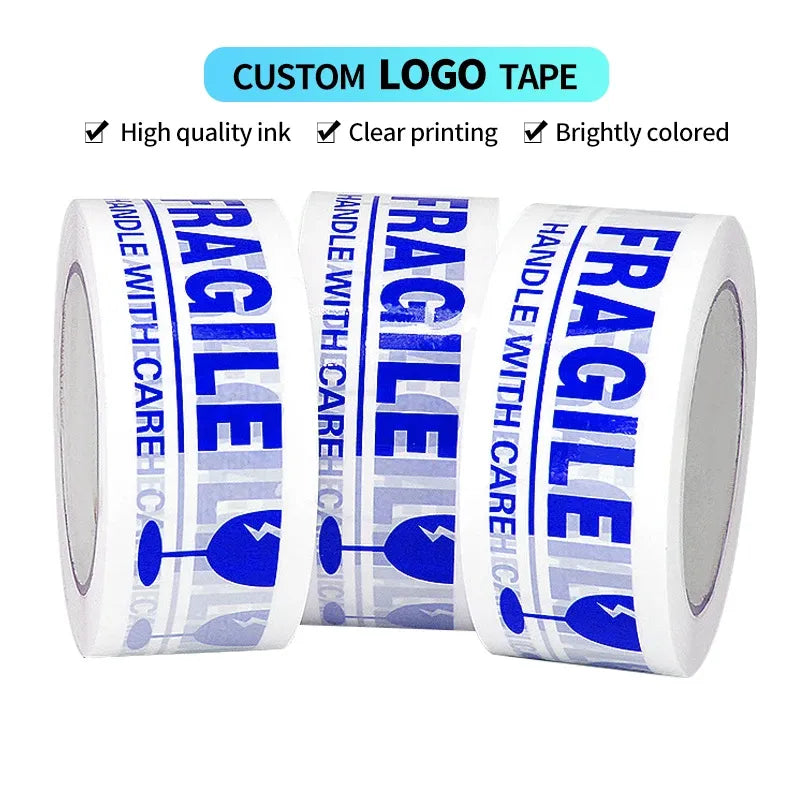 White custom logo packing tape rolls with blue printed text