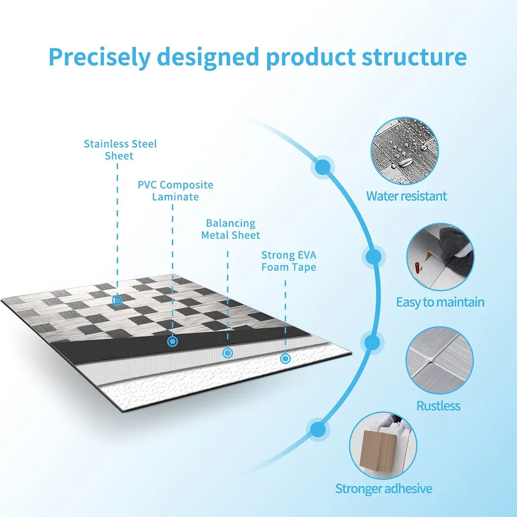 Art3d 1 PCS Peel and Stick Backsplash Tiles Self adhesive Stainless Steel Kitchen Silver Brushed Metallic Mosaic 30x30cm