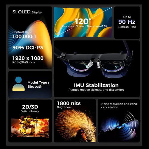 Black sleek AR smart glasses with rectangular frames and blue-tinted lenses for immersive digital display technology.