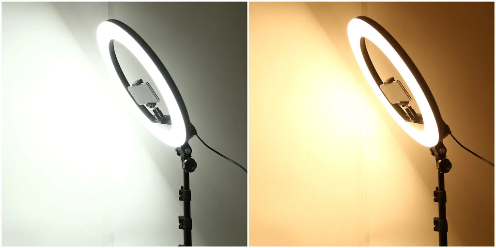 Circular LED ring light on a tripod stand with a phone mount, showing cool white and warm yellow lighting modes.