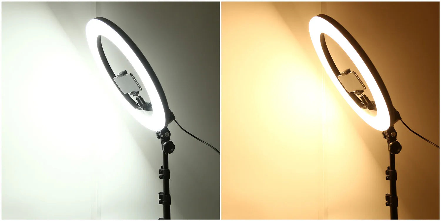 Circular LED ring light on a tripod stand with a phone mount, showing cool white and warm yellow lighting modes.