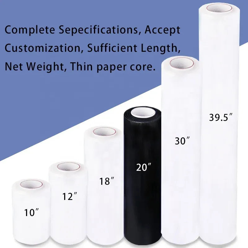 Assorted BOPP packaging tape rolls in white, black, and tall roll sizes