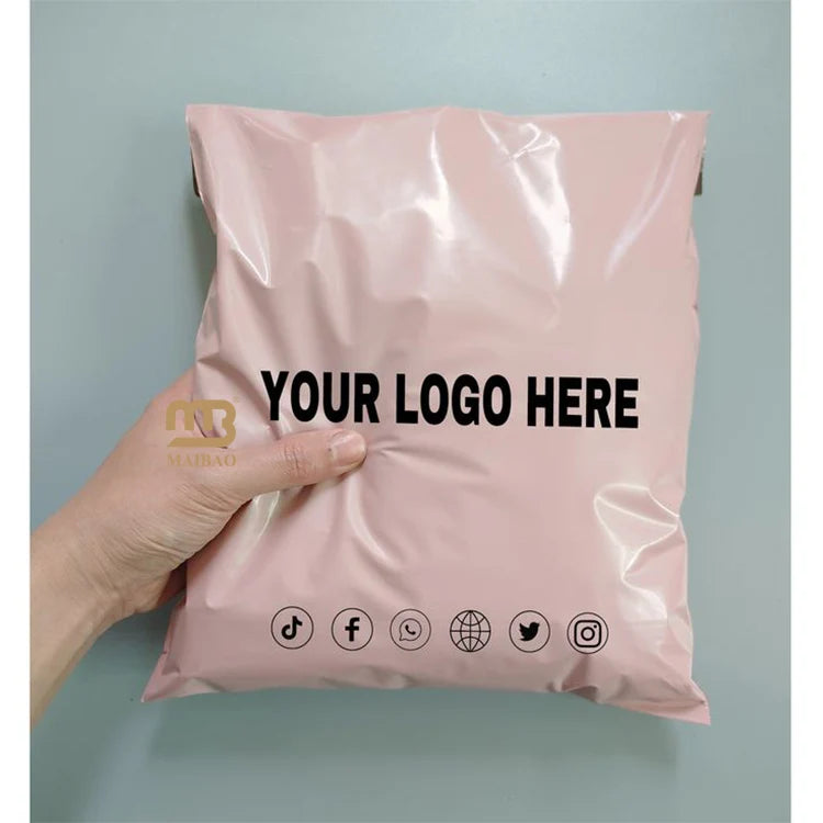 Blush pink poly mailer with centered 'YOUR LOGO HERE' print
