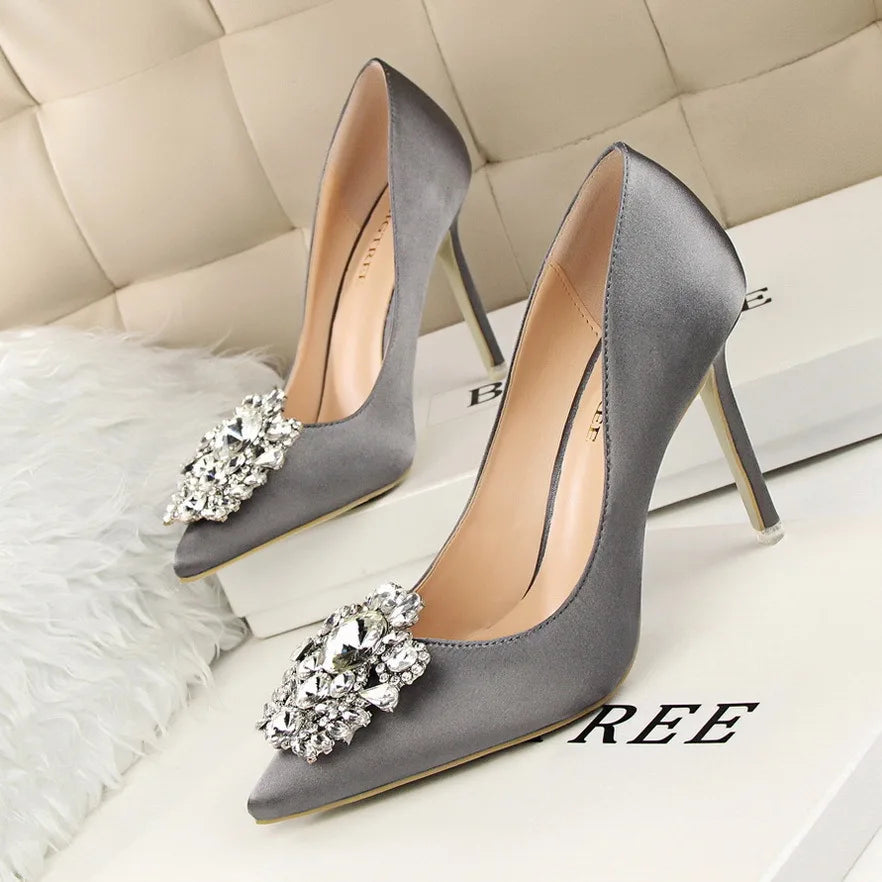 2026 New Water-Crystal Thin Heels Slip-On Solid Women's Sexy High Heel Office Formal Dress Shoes 10cm