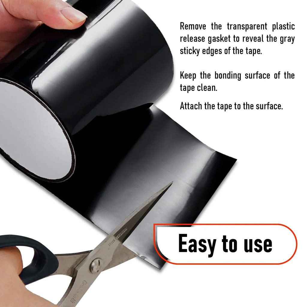 Black waterproof tape roll with instructions showing peel-and-stick edges
