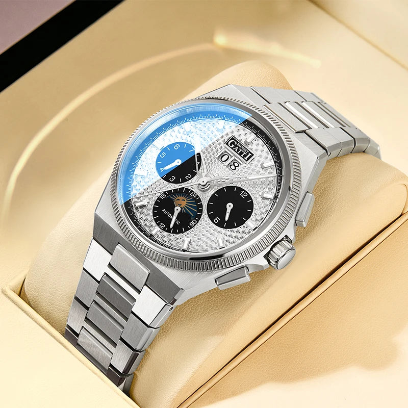 BONEST GATTI Automatic Mechanical Skeleton Watch Stainless Steel Waterproof 50m Luminous Calendar for Minimalist Business Men