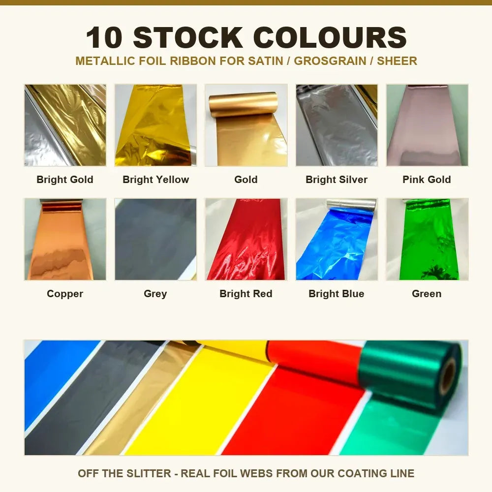 Metallic foil ribbon color chart featuring bright gold and other foil shades
