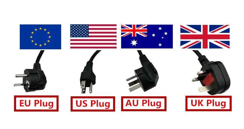Thermal printer power plug options with EU, US, AU, and UK plug types