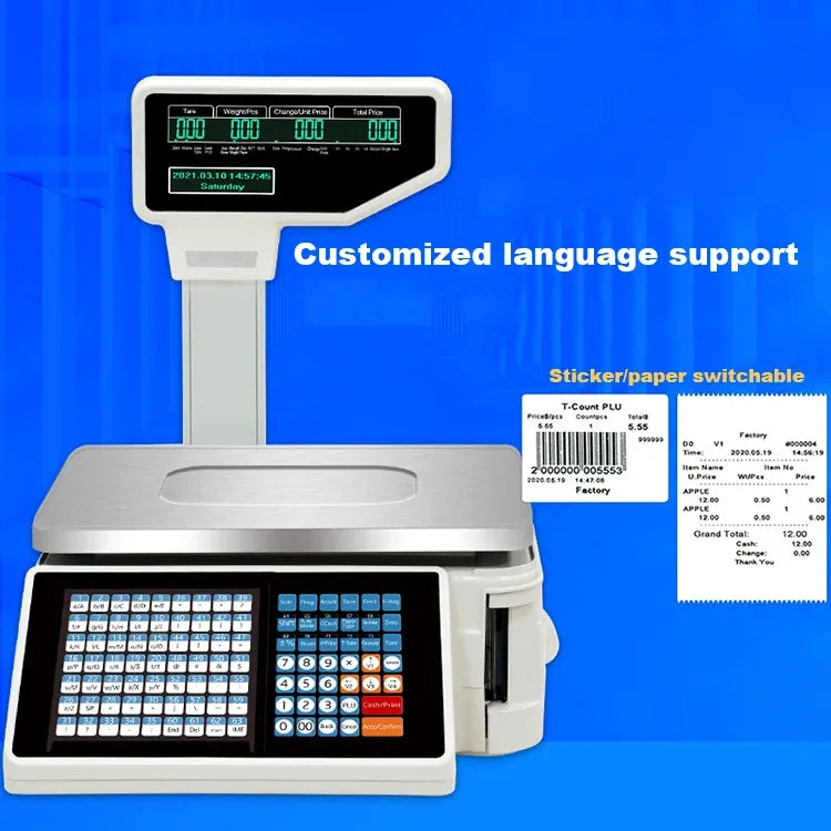 Electronic price printing scale with tall display screen and front keypad