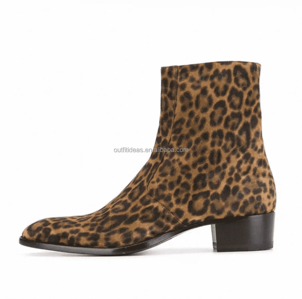 Pointed Toe Size 14 Unisex Women Men Dress Shoes Block Cuban Heel Leopard Suede Chelsea Boots Ankle High Leather Chelsea Boots