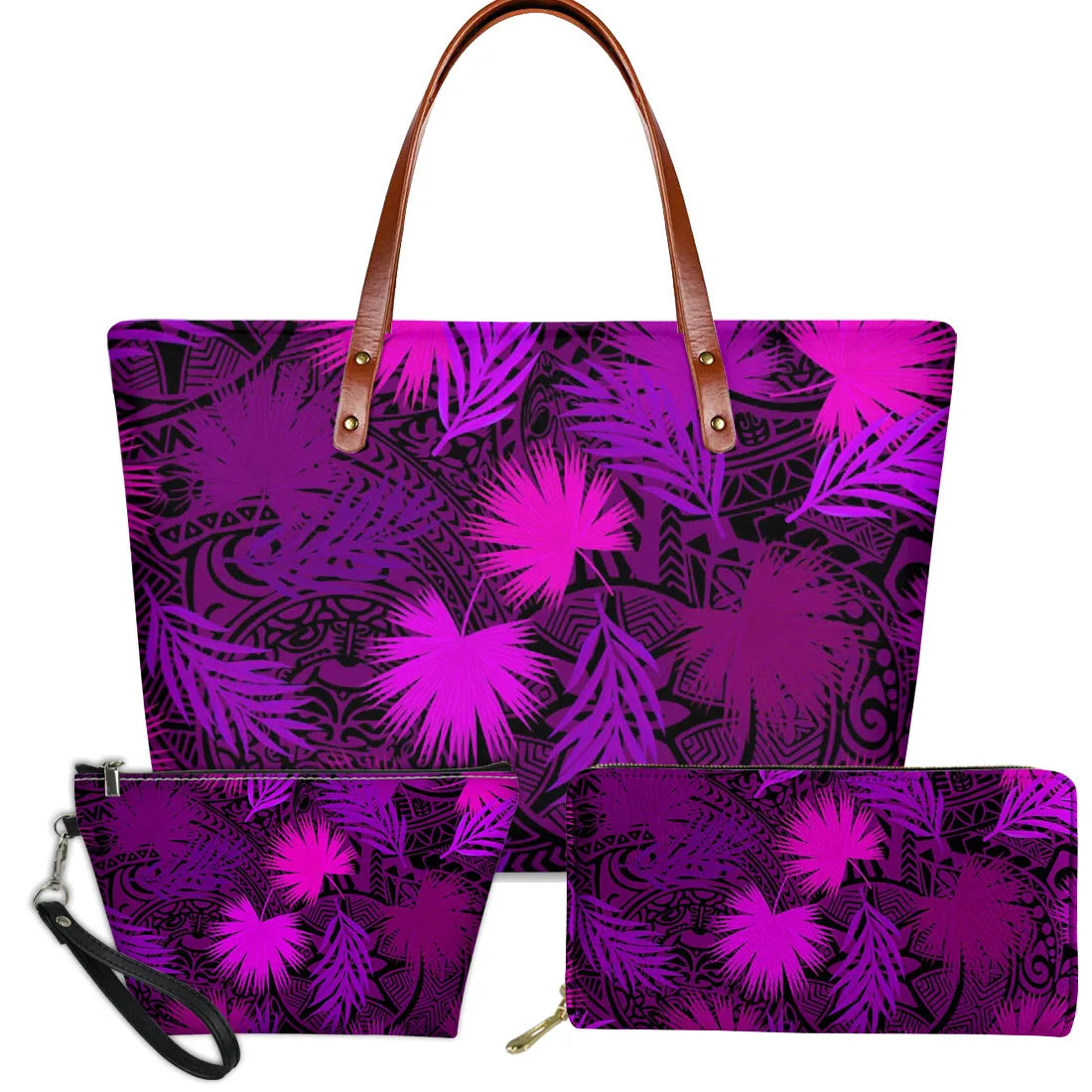 3-piece purple and black Polynesian tribal turtle print handbag set with tropical palm leaf pattern and brown straps.