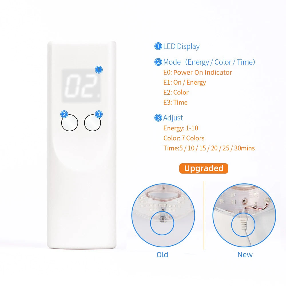 White rectangular handheld remote for LED therapy light with digital display, mode and adjustment buttons.