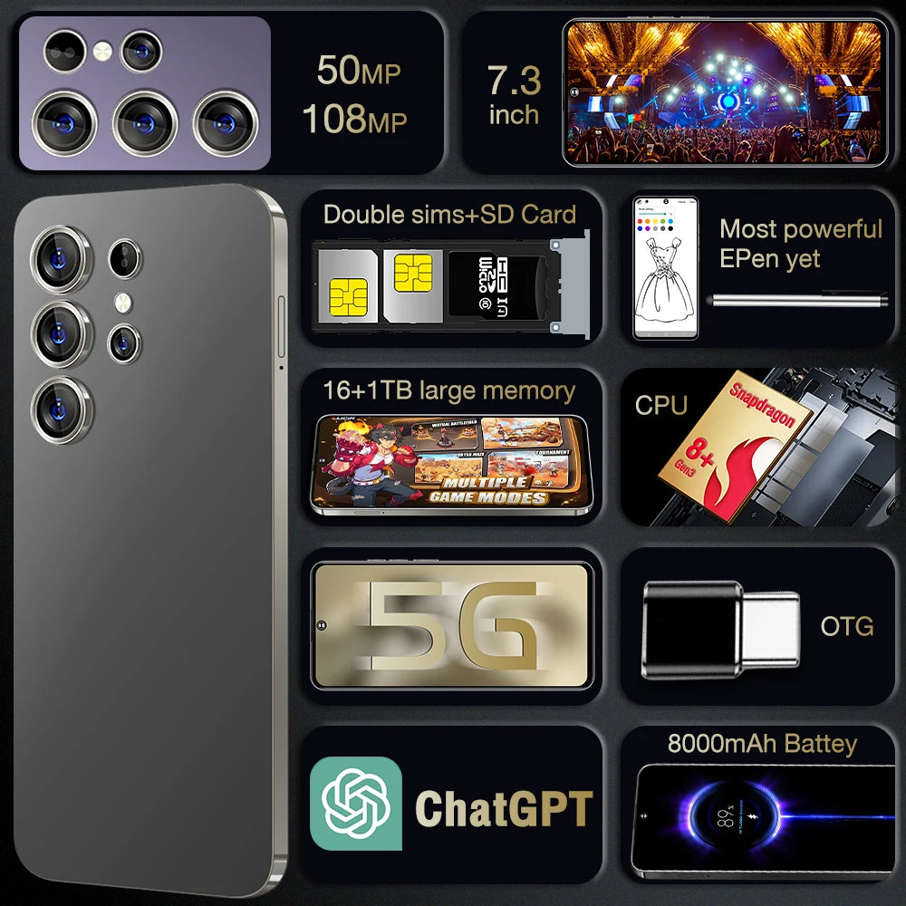 Tidesmit S24 Ultra 5G smartphone with 16GB RAM 1TB storage and 7.3 inch display for high-end mobile gaming