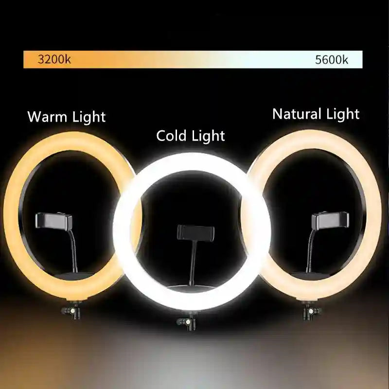 Three round LED ring lights with phone mounts, displaying warm, cold, and natural color temperature settings.