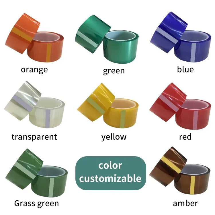 Assorted colors of heat-resistant PET tape rolls: orange, green, blue, transparent, yellow, red