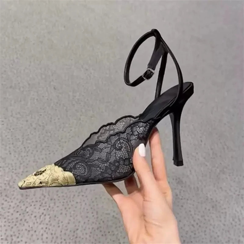 Women's Elegant Black Lace Stiletto Heels Pointed Toe Ankle Strap Metallic Cap Party Wedding Pumps