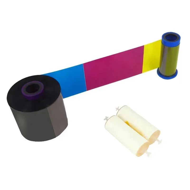 Color printer ribbon set with two ink rolls and multi-color ribbon strip