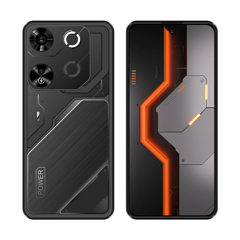 Black smartphone with orange circuit accents, rugged back and front views
