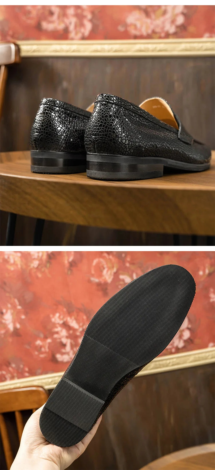 Men's Loafers Office Casual Shoes Slip-On Summer Cowhide Geometric Pattern Genuine Leather Upper Rubber Outsole