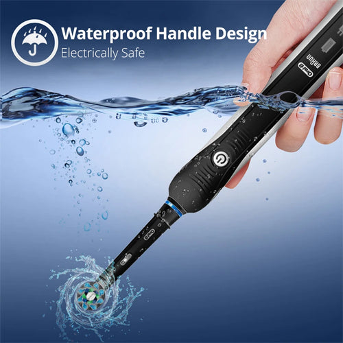Oral-B Pro 4000 AI toothbrush, waterproof side angle view showing daily clean 3D action brush head submerged in water.