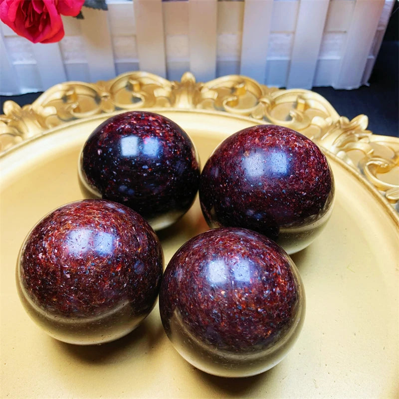 New Arrivals Natural Minerals Crystal Healing Stone Deep Red Rhodonite Sparking Mica Ball for Decoration Gift