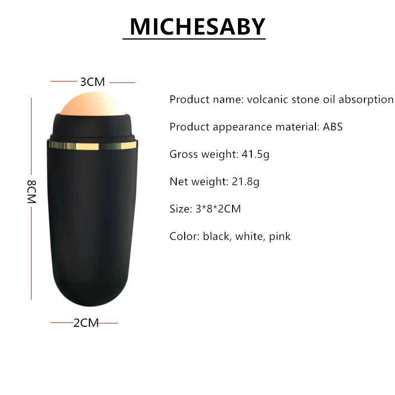 Black facial oil-absorbing roller with a round volcanic stone, featuring product dimensions and specifications on text.