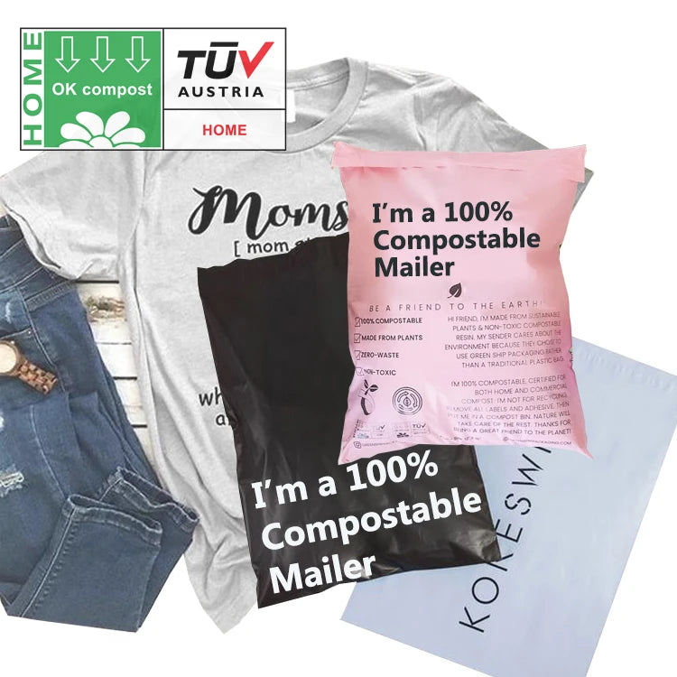 Pink and black compostable mailer bags printed '100% Compostable Mailer'
