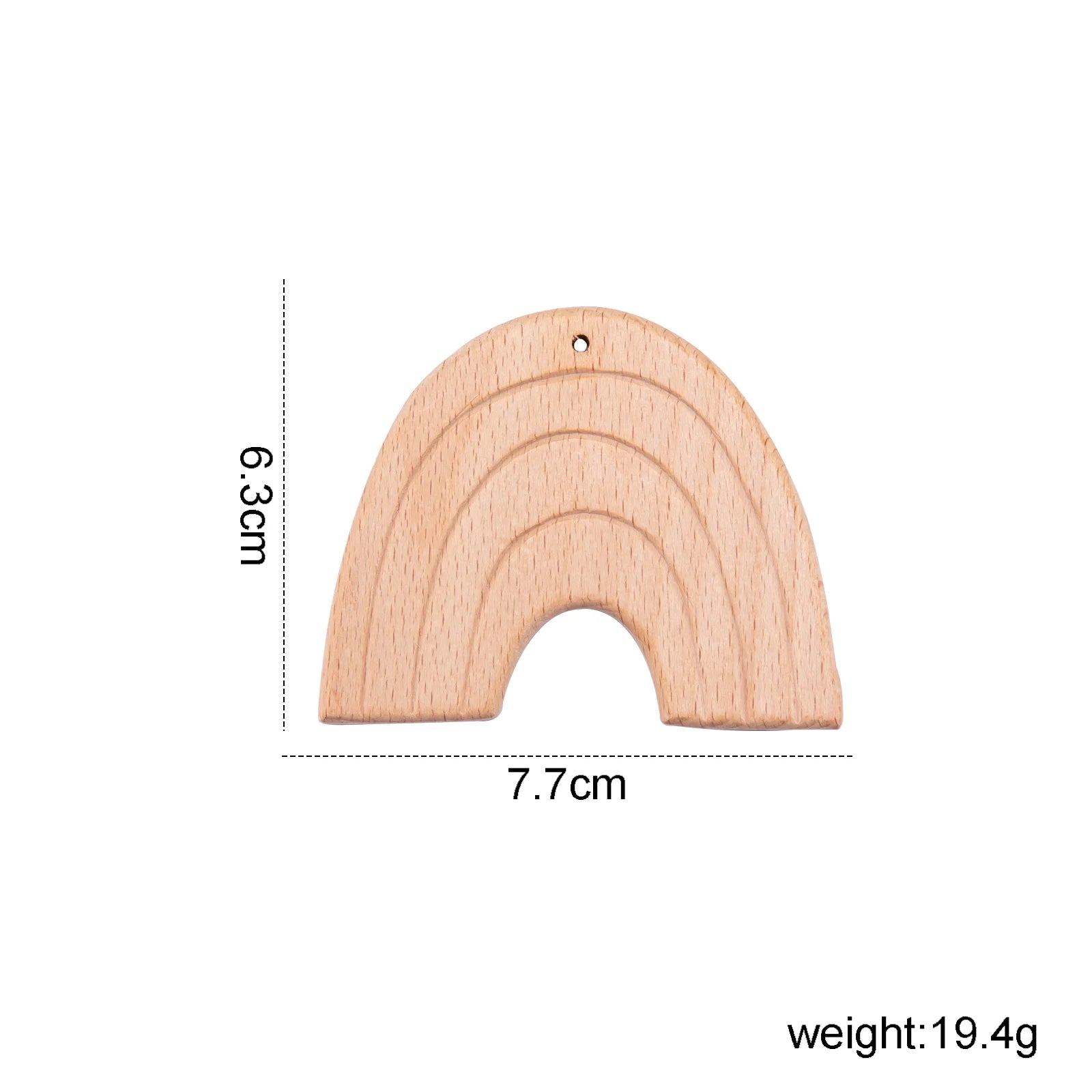 Natural wood rainbow baby teething toy for relief.