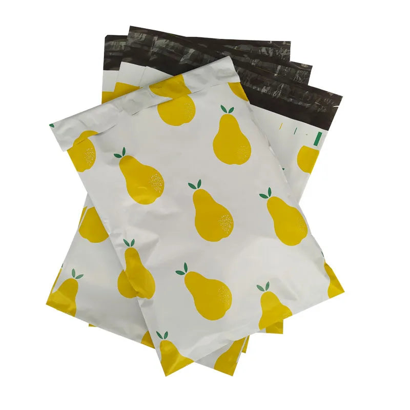 White pear print matte poly mailer bags with handle cutout
