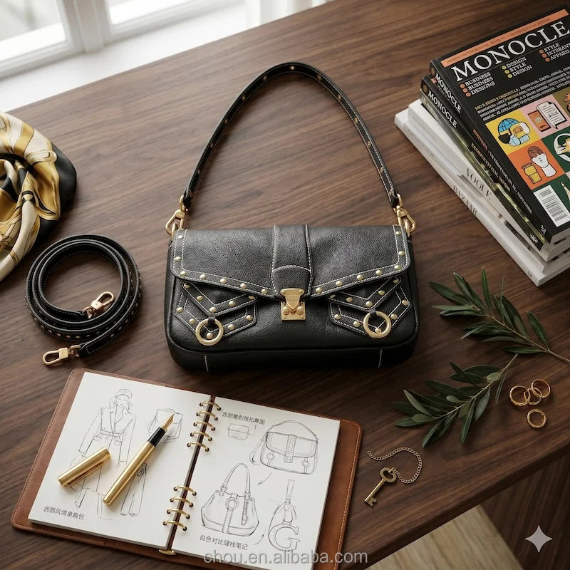 Black calf leather shoulder bag with gold studs, flap closure, and trunk-style detailing on a wooden desk.