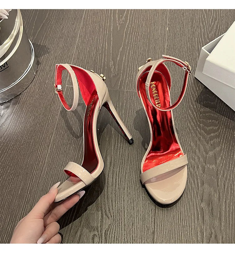 2026 New Summer Red Sole Patent Leather Strap Stiletto Heel Buckle Closure Sandals Women Royal Sister Style Super High Sexy