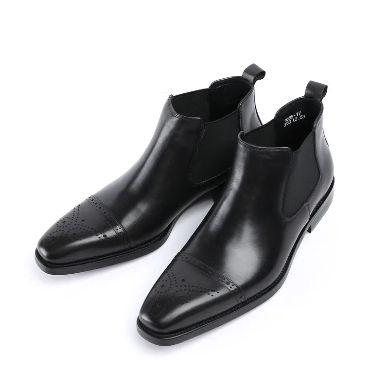 2026 New Men's Sleeve Short Boots British Pointed Carved Genuine Leather Business Formal High Top Leather Shoes
