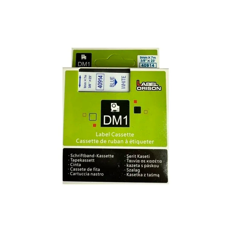 9mm DM1 label cassette with blue-on-white tape, 7m length, for Dymo 40914