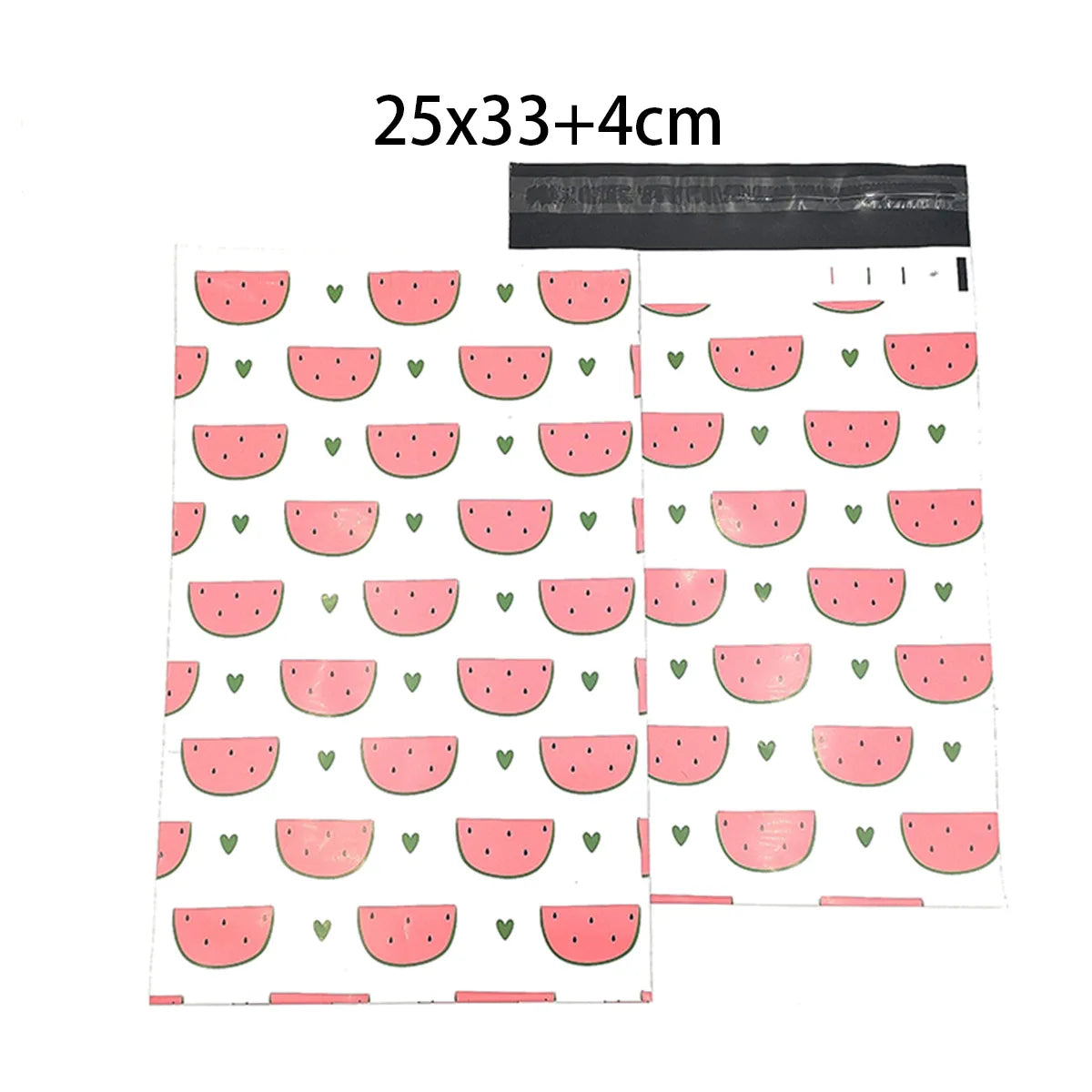 Pink poly mailer with watermelon pattern and top handle cutout; size 25x33+4cm