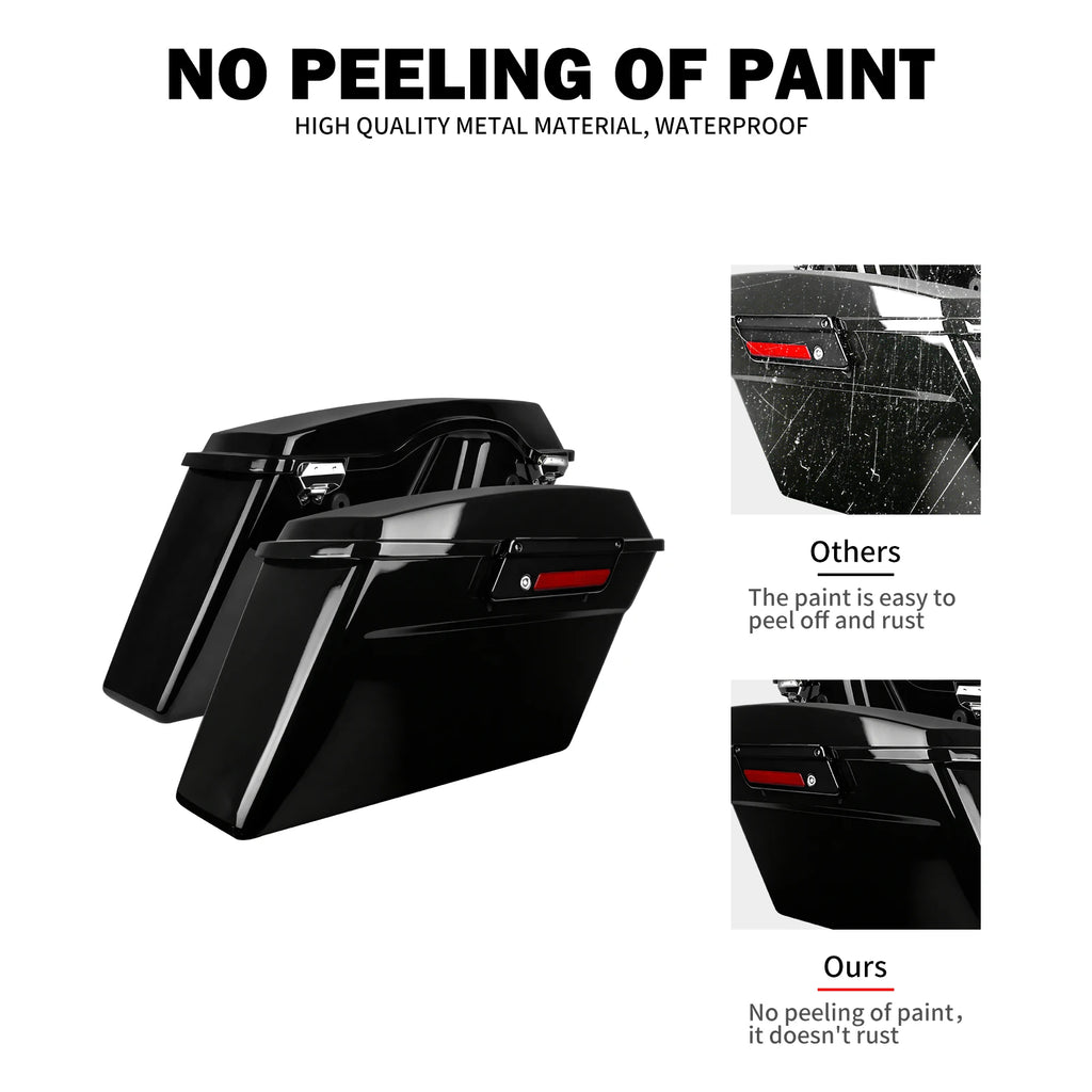 Black hard saddlebag trunks for Harley Touring 94-13 with chrome latches, waterproof finish, and red reflectors.