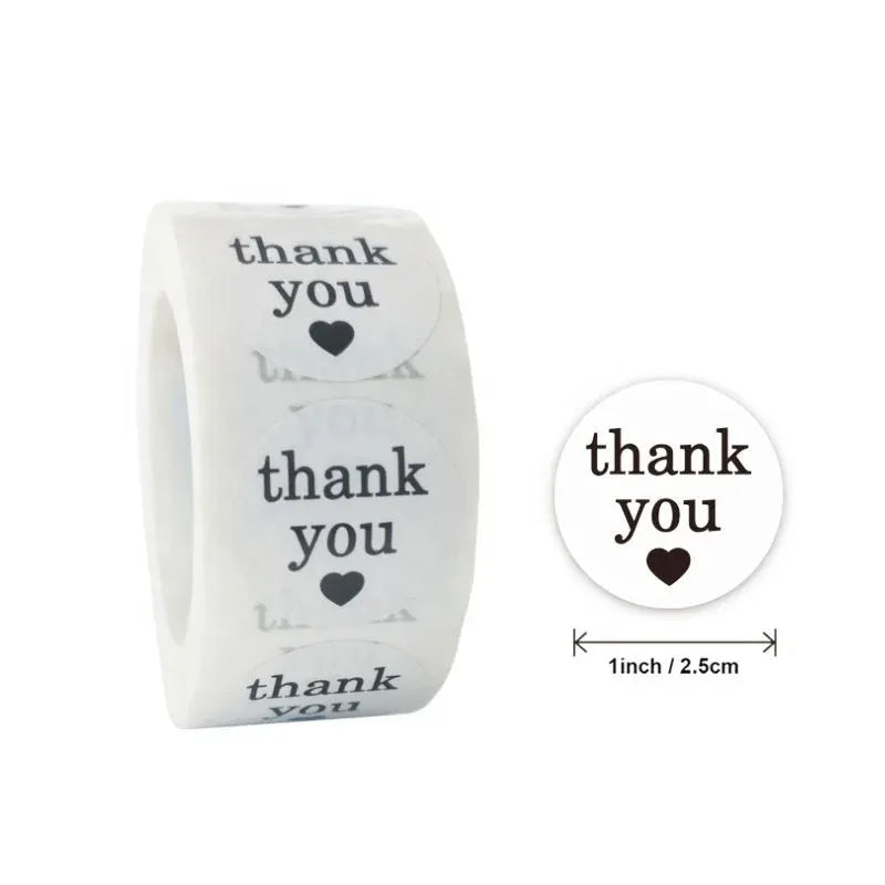 Thank-you sticker labels, white with bold “thank you” and heart icon; includes circular size inset