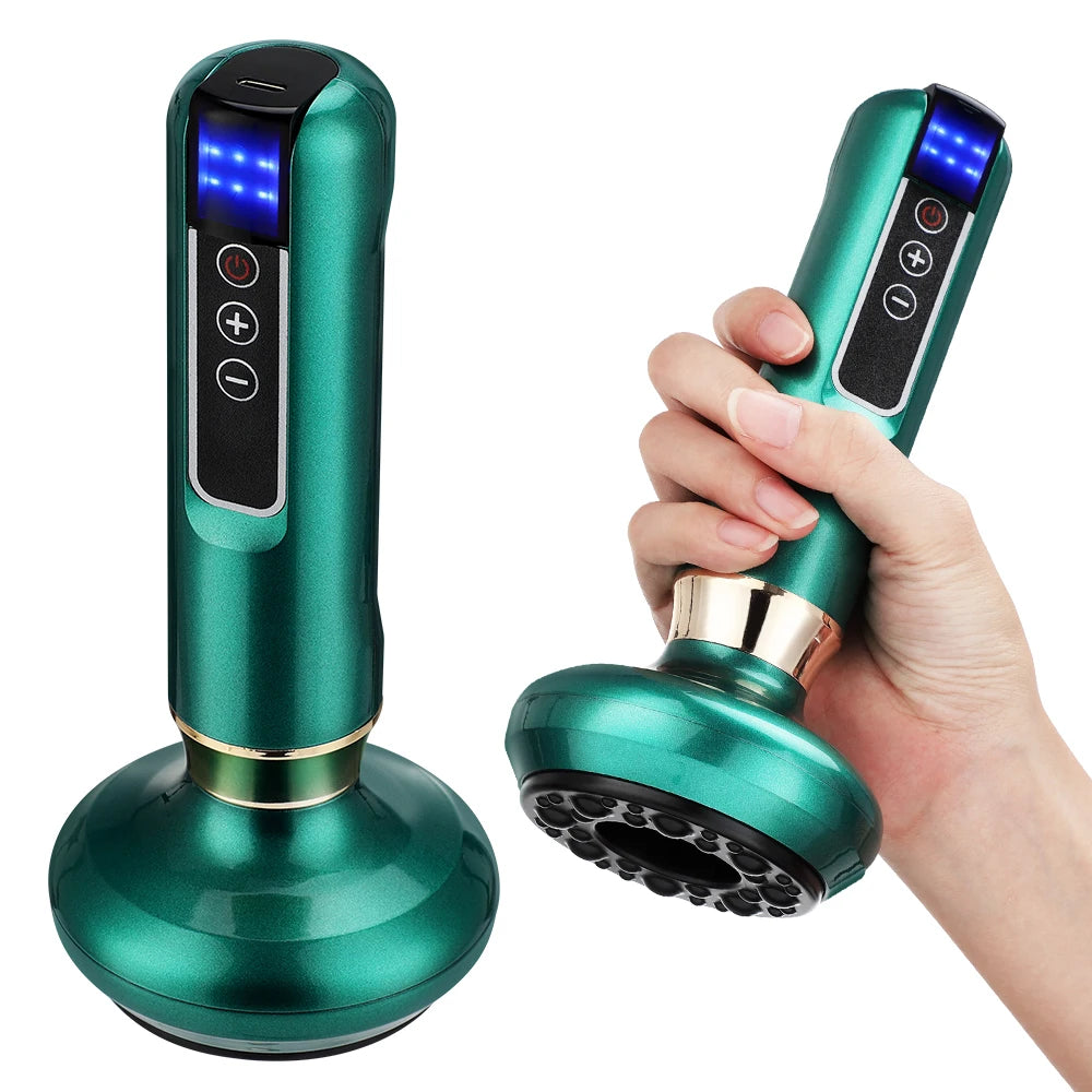Green handheld electric vacuum cupping massager with LED display for body slimming, scraping, and anti-cellulite relief.