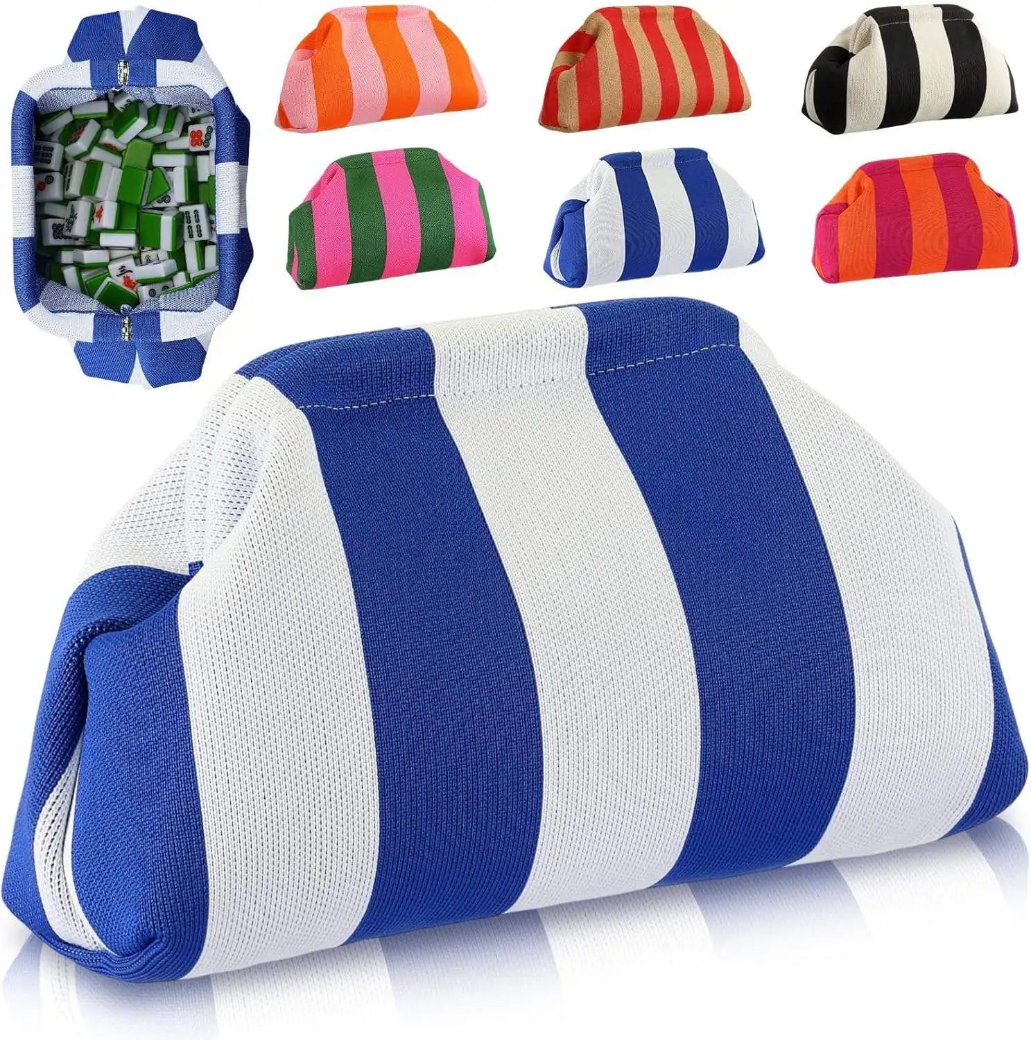 Large striped canvas Mahjong tile storage bags in various colors with a wide-mouth, portable trunk-style design.